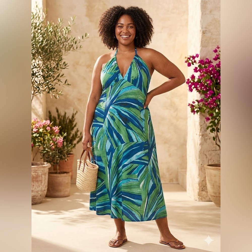Halter Midi Sundress in Tropical Green Blue Leaf Print